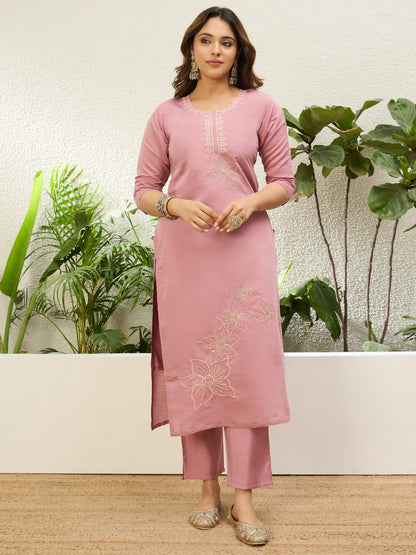 So Elegant Mauve Roman Silk Kurta Set with Intricate Floral Embroidery