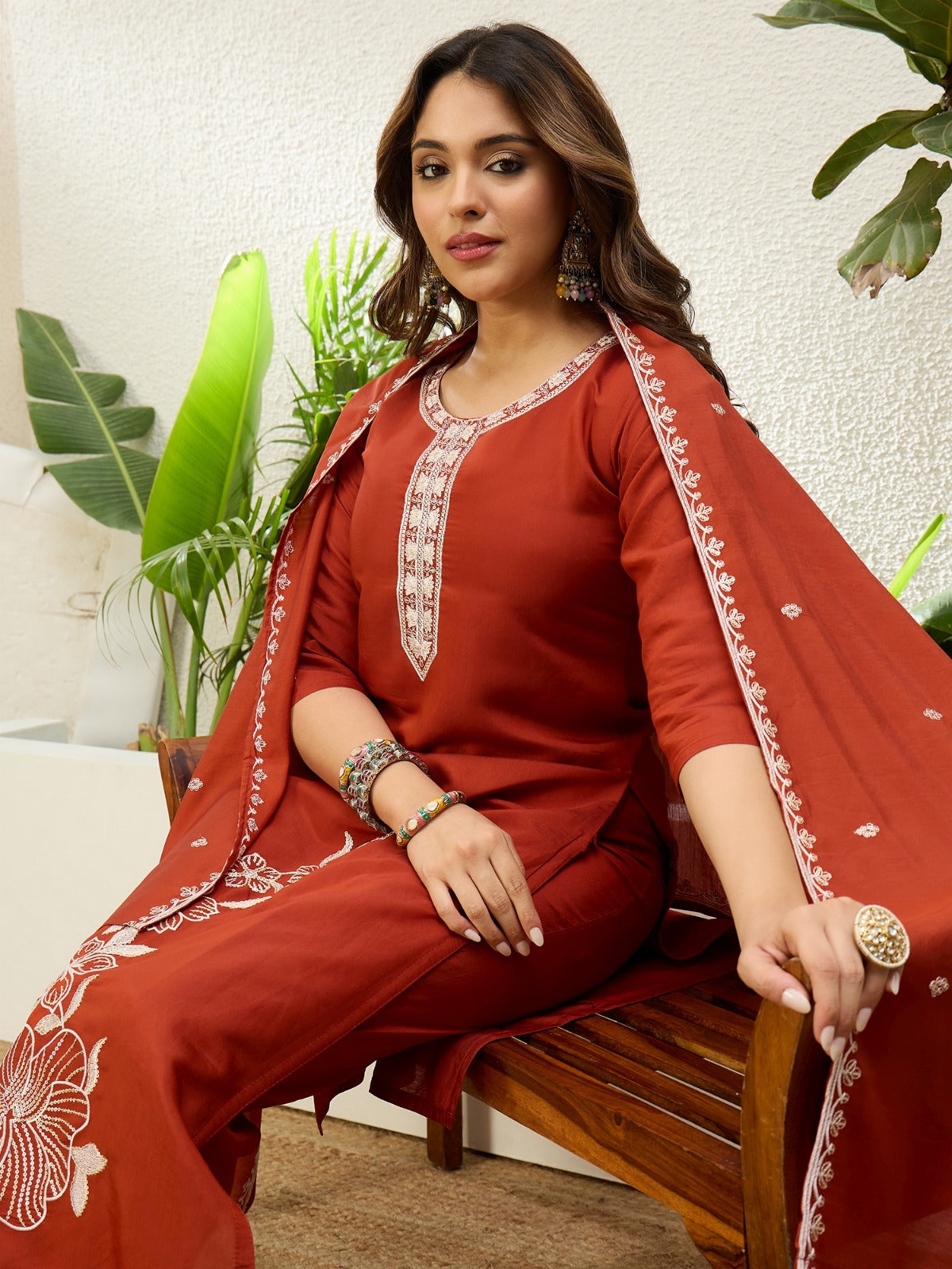 Beautiful Roman Silk Embroidery Straight Kurta Pant with Dupatta, 3pcs Suit