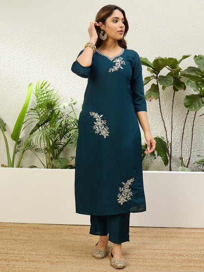 Women’s Traditional Deep Teal Roman Silk Kurta Set with Intricate Embroidery