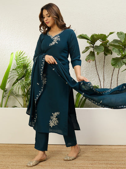 Women’s Traditional Deep Teal Roman Silk Kurta Set with Intricate Embroidery