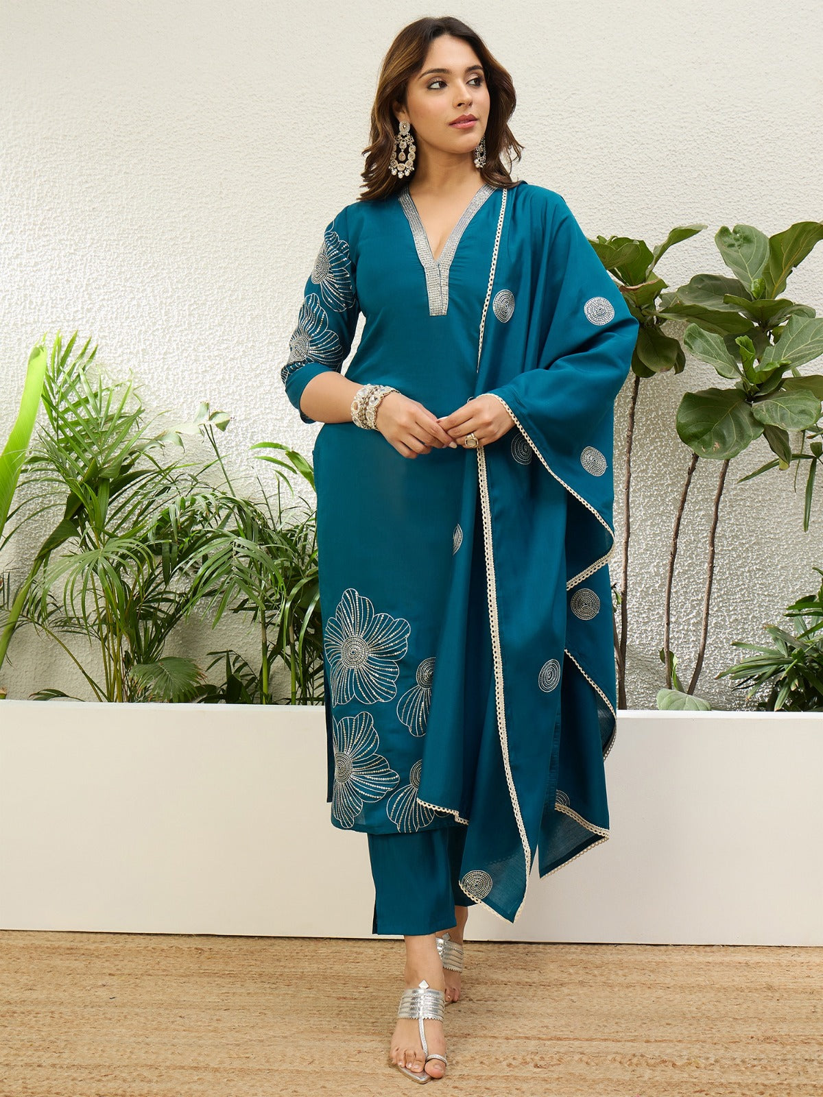 Teal Roman Silk Kurta Set with Intricate Metallic Embroidery