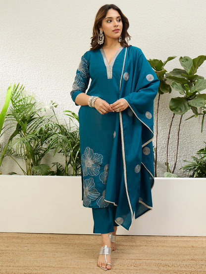 Teal Roman Silk Kurta Set with Intricate Metallic Embroidery