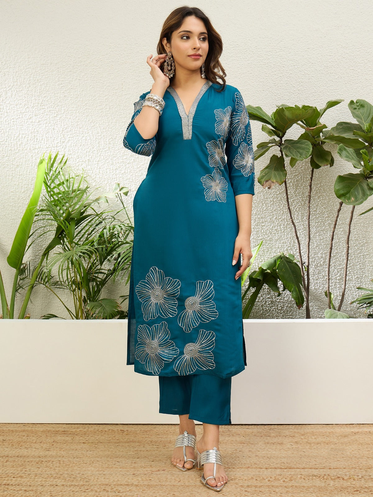 Teal Roman Silk Kurta Set with Intricate Metallic Embroidery