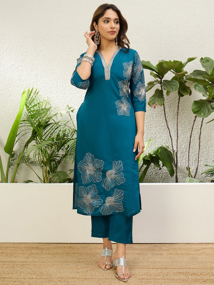 Teal Roman Silk Kurta Set with Intricate Metallic Embroidery