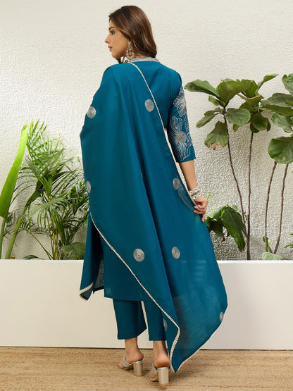 Teal Roman Silk Kurta Set with Intricate Metallic Embroidery
