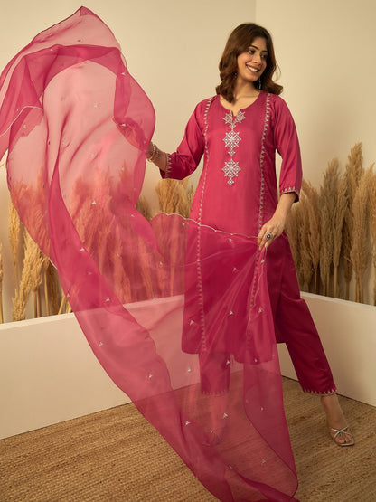 Women’s Zora Silk Embroidery Straight Kurta Pant with Dupatta, 3pcs Suit