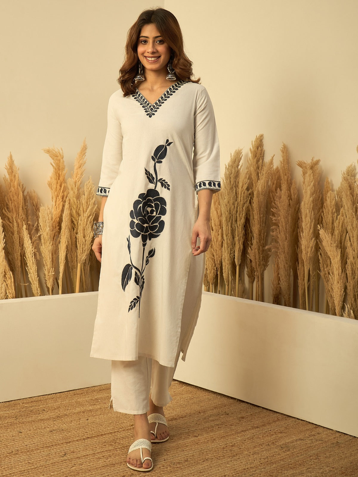 Off-White Cotton Straight Kurta Set with Bold Navy Floral Embroidery