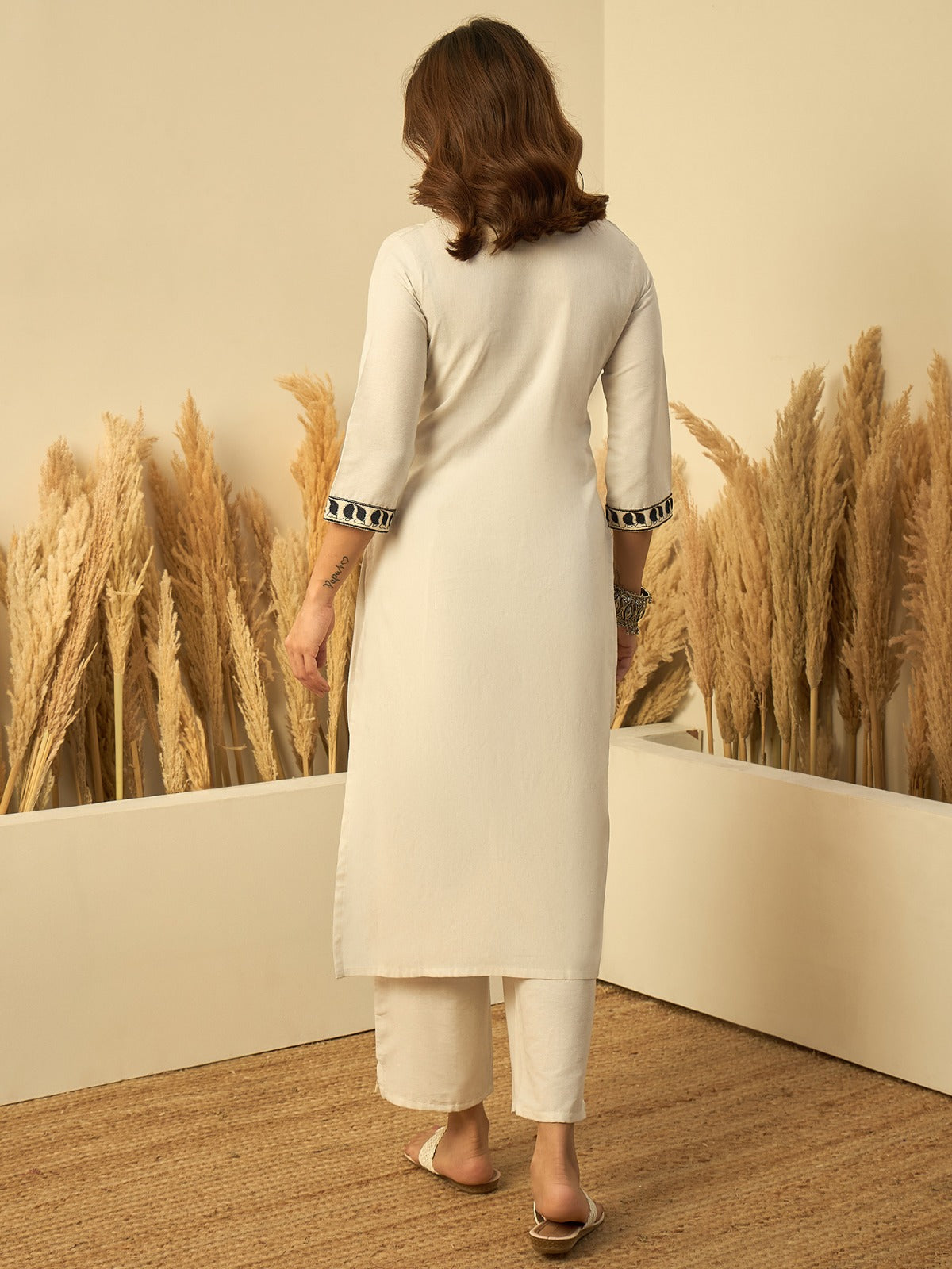 Off-White Cotton Straight Kurta Set with Bold Navy Floral Embroidery