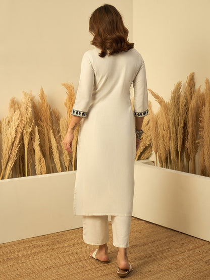 Off-White Cotton Straight Kurta Set with Bold Navy Floral Embroidery