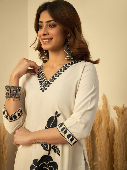Off-White Cotton Straight Kurta Set with Bold Navy Floral Embroidery