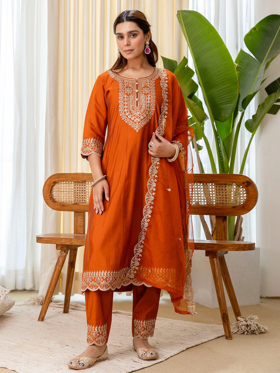 Vibrant Burnt Orange Roman Silk Blend Kurta Set with Intricate Embroidery