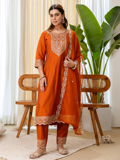 Vibrant Burnt Orange Roman Silk Blend Kurta Set with Intricate Embroidery