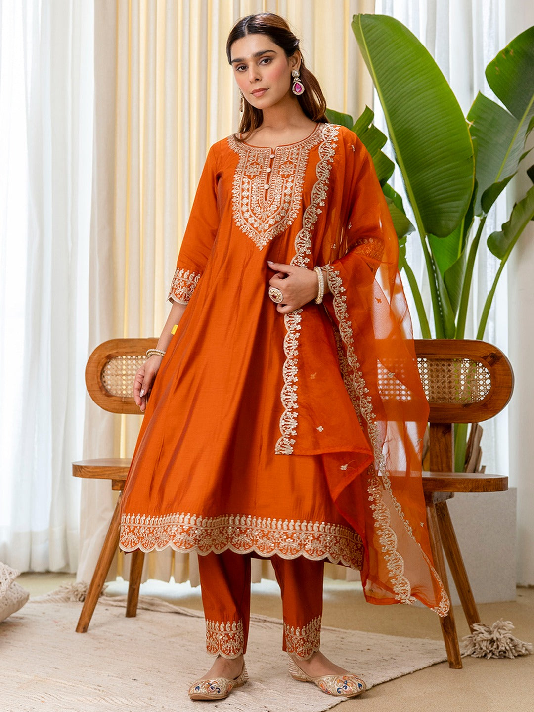 Vibrant Burnt Orange Roman Silk Blend Kurta Set with Intricate Embroidery