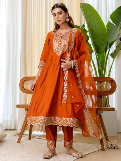 Vibrant Burnt Orange Roman Silk Blend Kurta Set with Intricate Embroidery