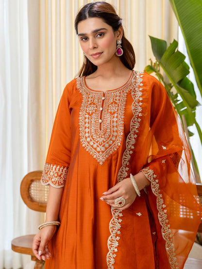 Vibrant Burnt Orange Roman Silk Blend Kurta Set with Intricate Embroidery
