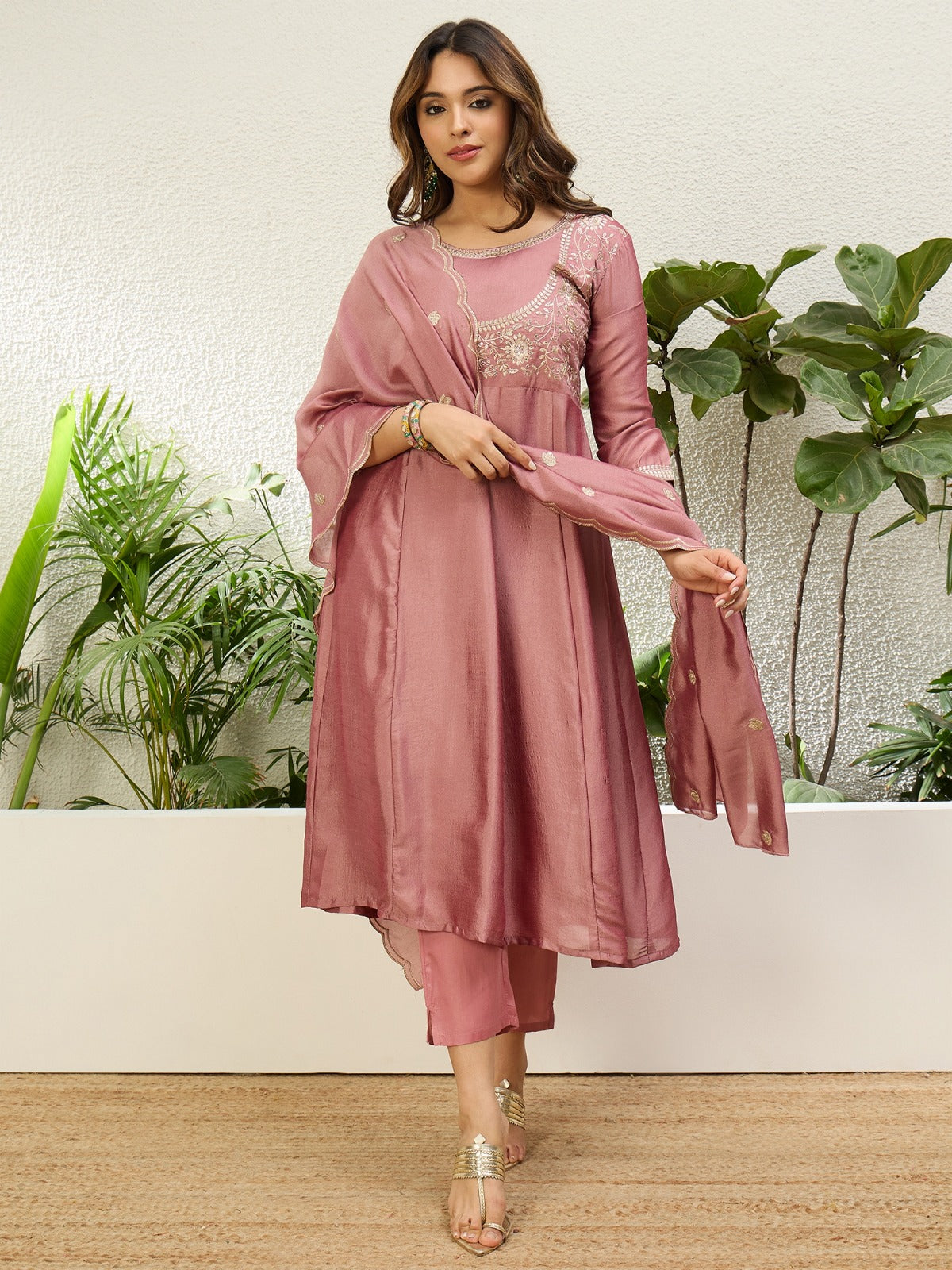 Women’s Silk A line Kurta Pent Dupatta Sets with Zari Embroidery Work | 3pcs Ethnic Set