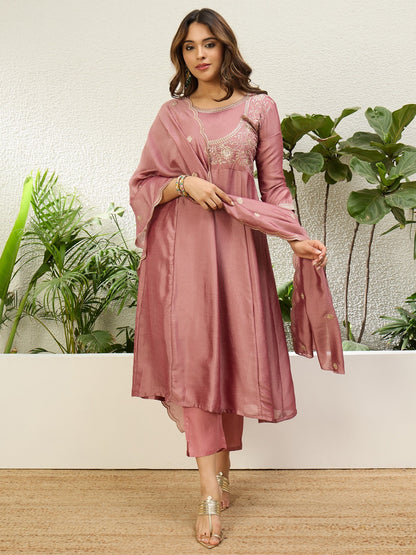 Women’s Silk A line Kurta Pent Dupatta Sets with Zari Embroidery Work | 3pcs Ethnic Set