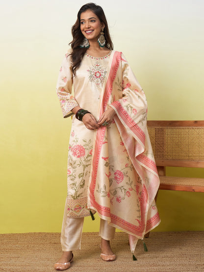 Beautiful Cream Assam Silk Kurta Set with Coordinated Printed Dupatta