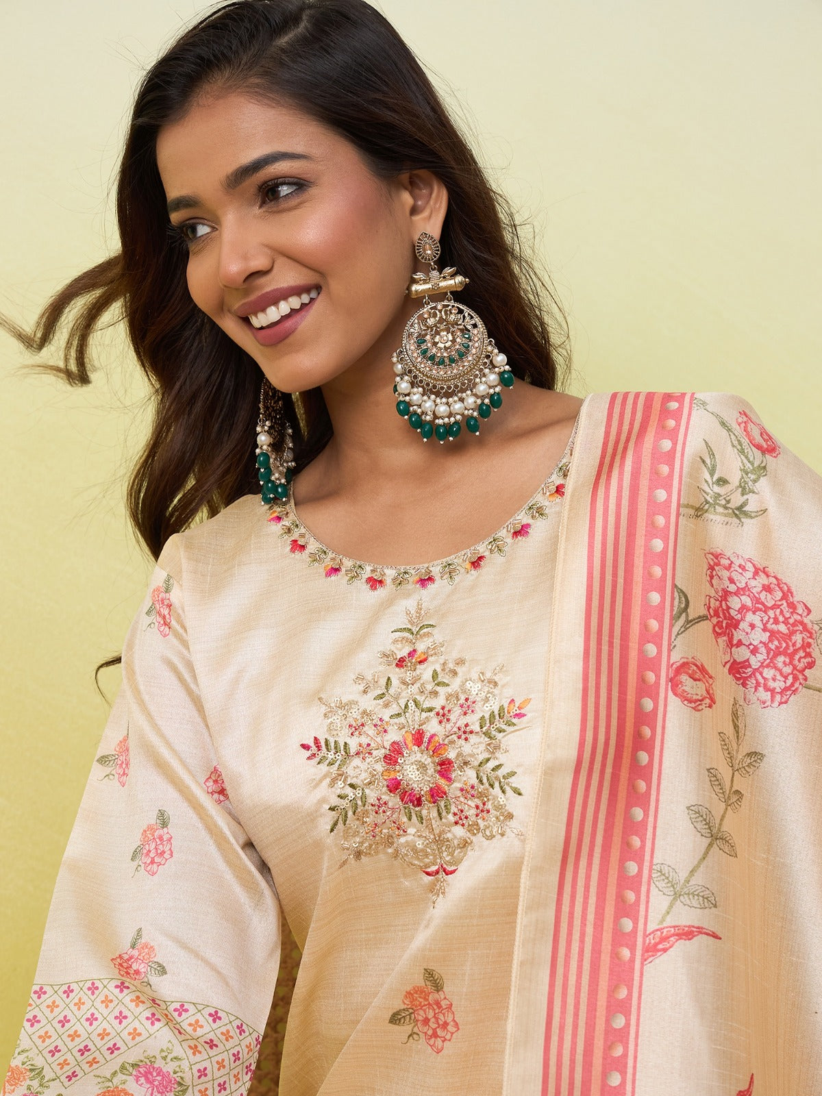 Beautiful Cream Assam Silk Kurta Set with Coordinated Printed Dupatta