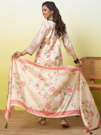 Beautiful Cream Assam Silk Kurta Set with Coordinated Printed Dupatta