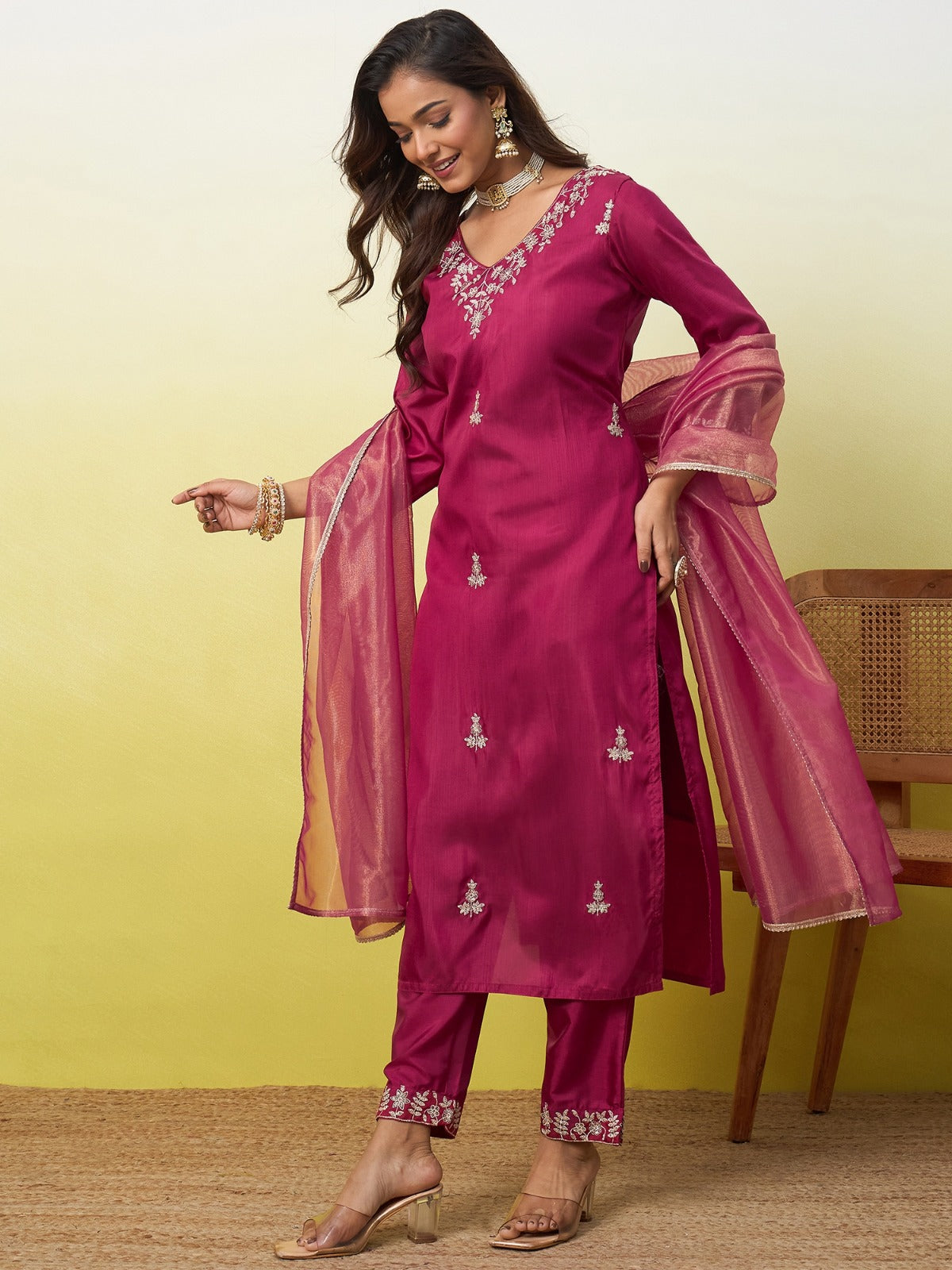 Royal Magenta Silk Kurta Set with Intricate Embroidered Details