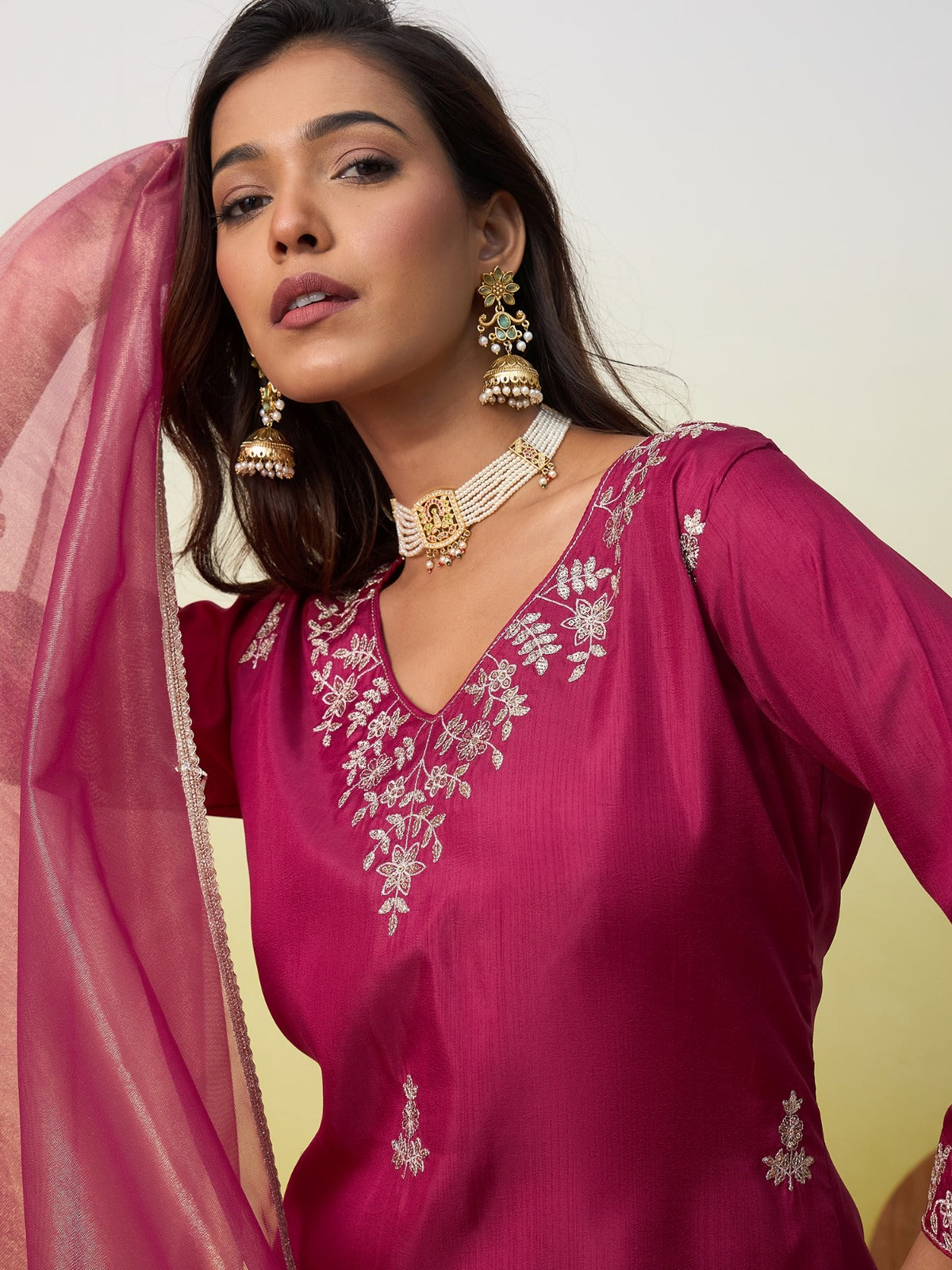 Royal Magenta Silk Kurta Set with Intricate Embroidered Details