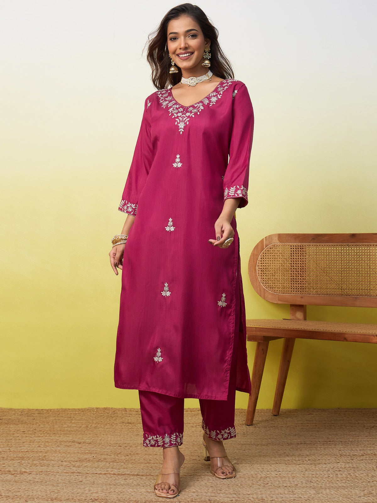 Royal Magenta Silk Kurta Set with Intricate Embroidered Details