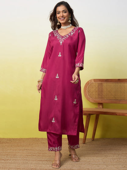 Royal Magenta Silk Kurta Set with Intricate Embroidered Details