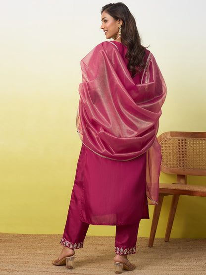 Royal Magenta Silk Kurta Set with Intricate Embroidered Details