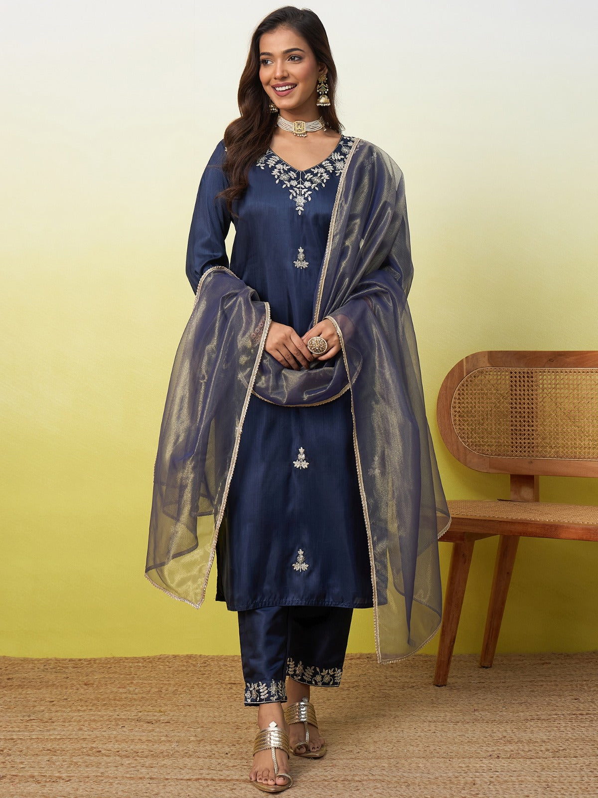 Amazing Navy Blue Silk Kurta Set with Subtle Embroidered Details