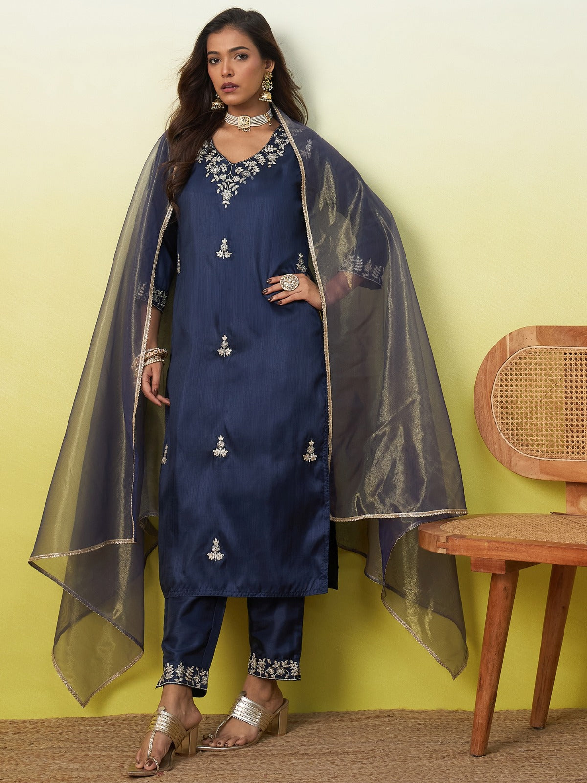 Amazing Navy Blue Silk Kurta Set with Subtle Embroidered Details