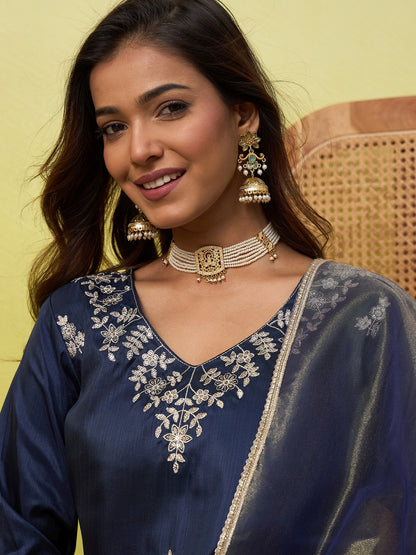 Amazing Navy Blue Silk Kurta Set with Subtle Embroidered Details