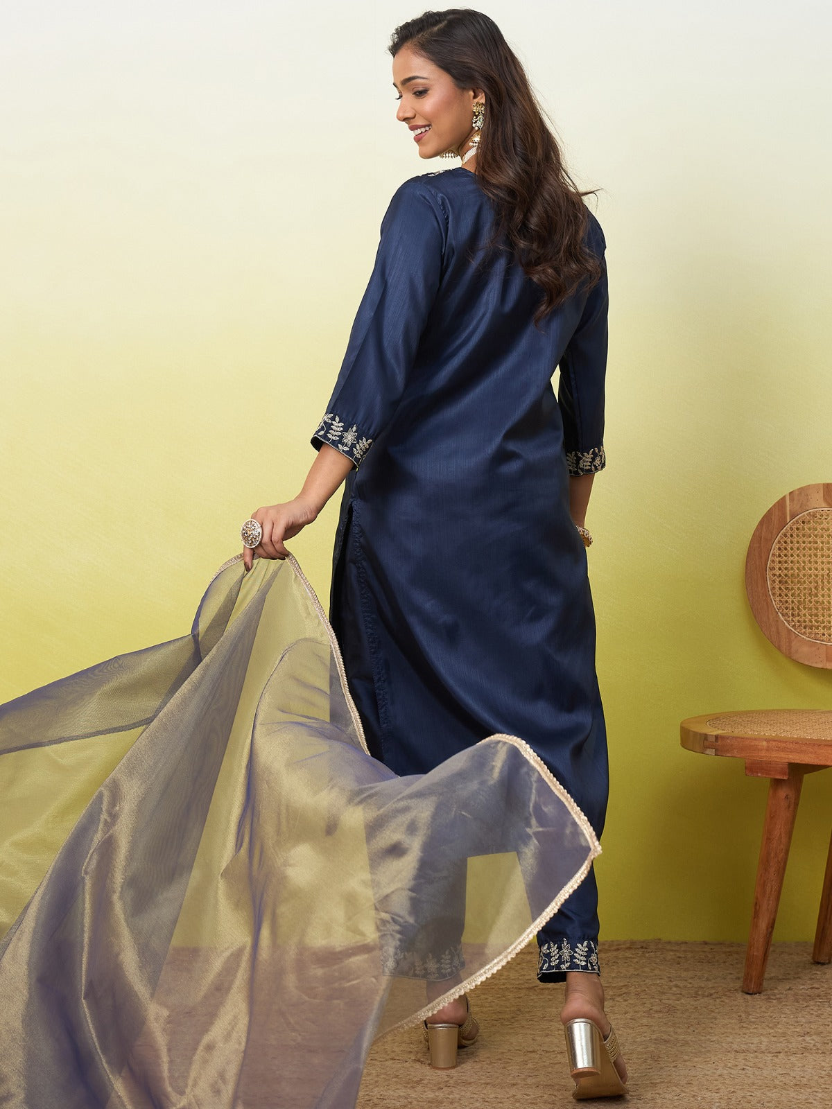 Amazing Navy Blue Silk Kurta Set with Subtle Embroidered Details