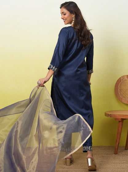 Amazing Navy Blue Silk Kurta Set with Subtle Embroidered Details