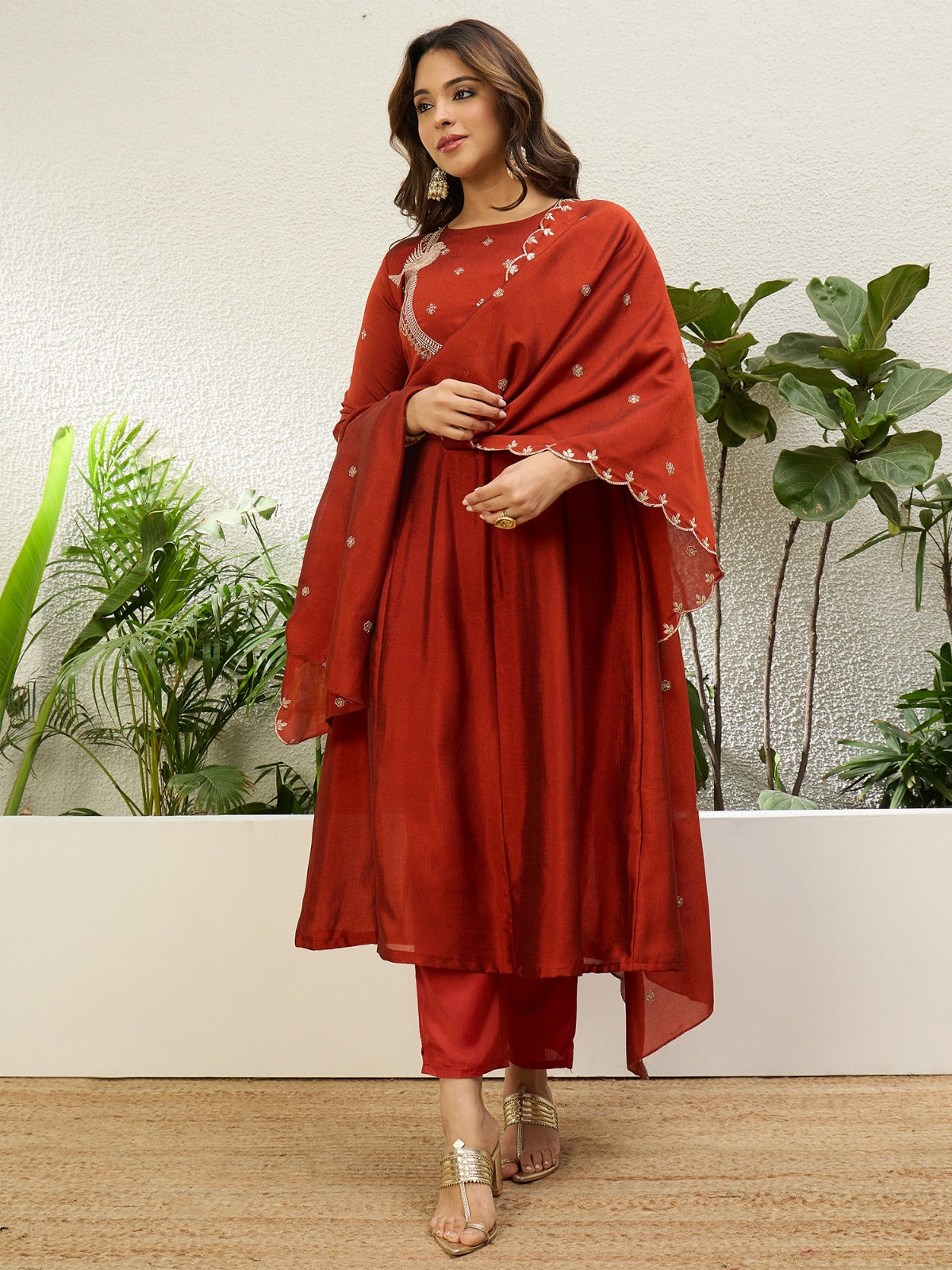 Graceful Rust Vichitra Silk Outfit with Embroidered Dupatta