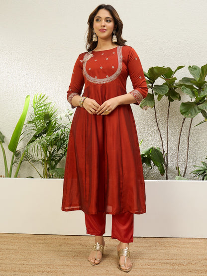 Graceful Rust Vichitra Silk Outfit with Embroidered Dupatta