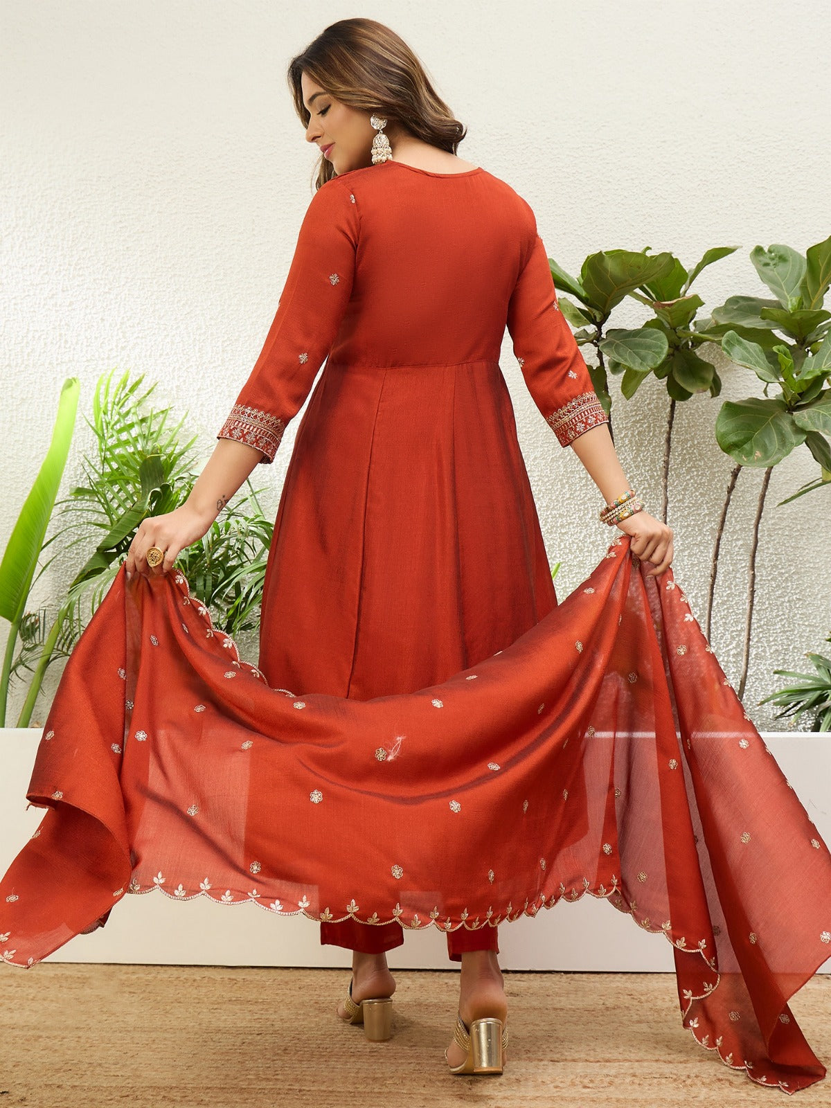 Graceful Rust Vichitra Silk Outfit with Embroidered Dupatta