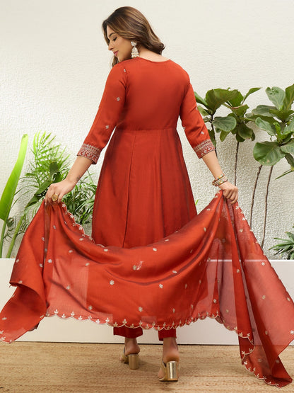 Graceful Rust Vichitra Silk Outfit with Embroidered Dupatta