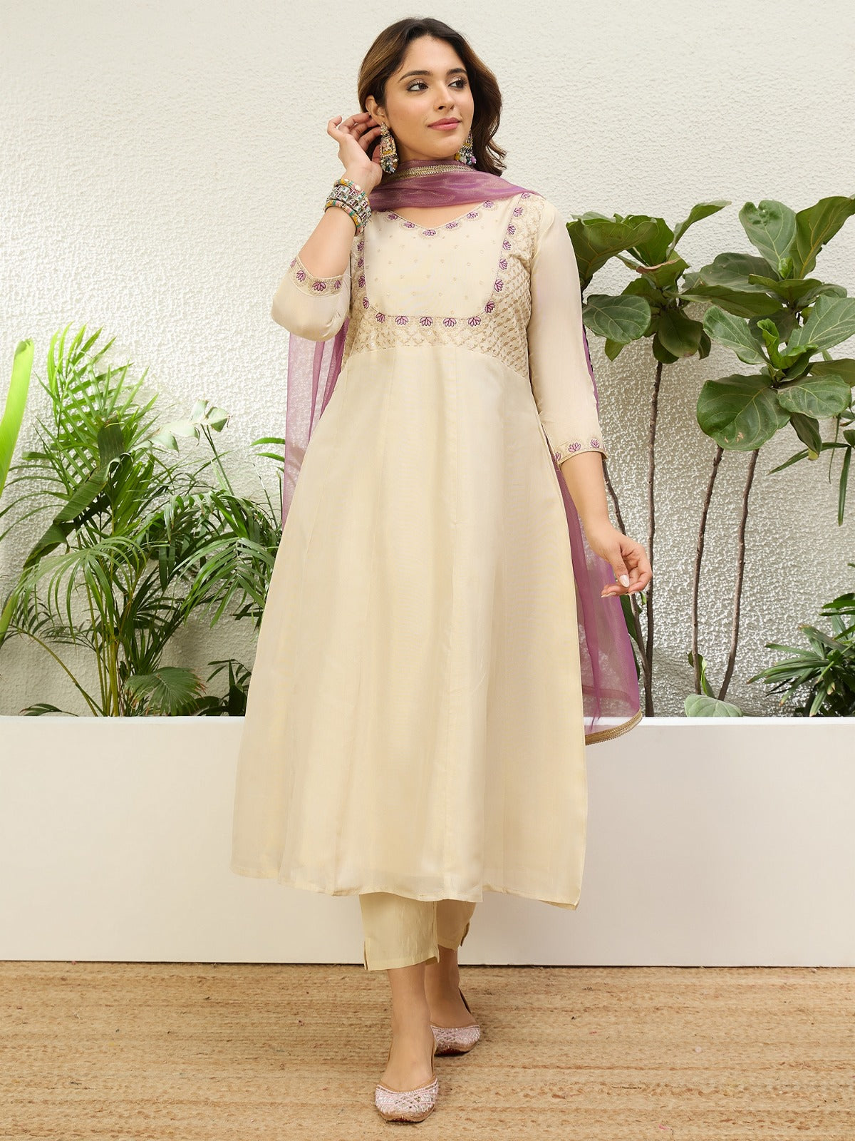 Lovely Beige Silk Blend Suit with Contrasting Dupatta