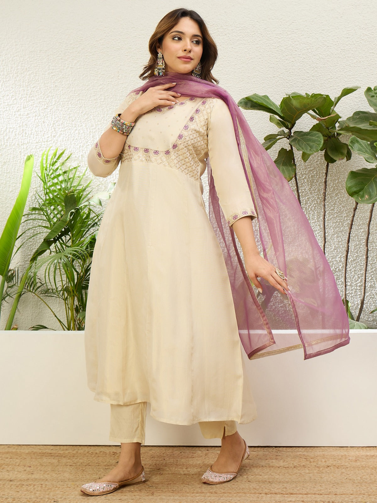 Lovely Beige Silk Blend Suit with Contrasting Dupatta