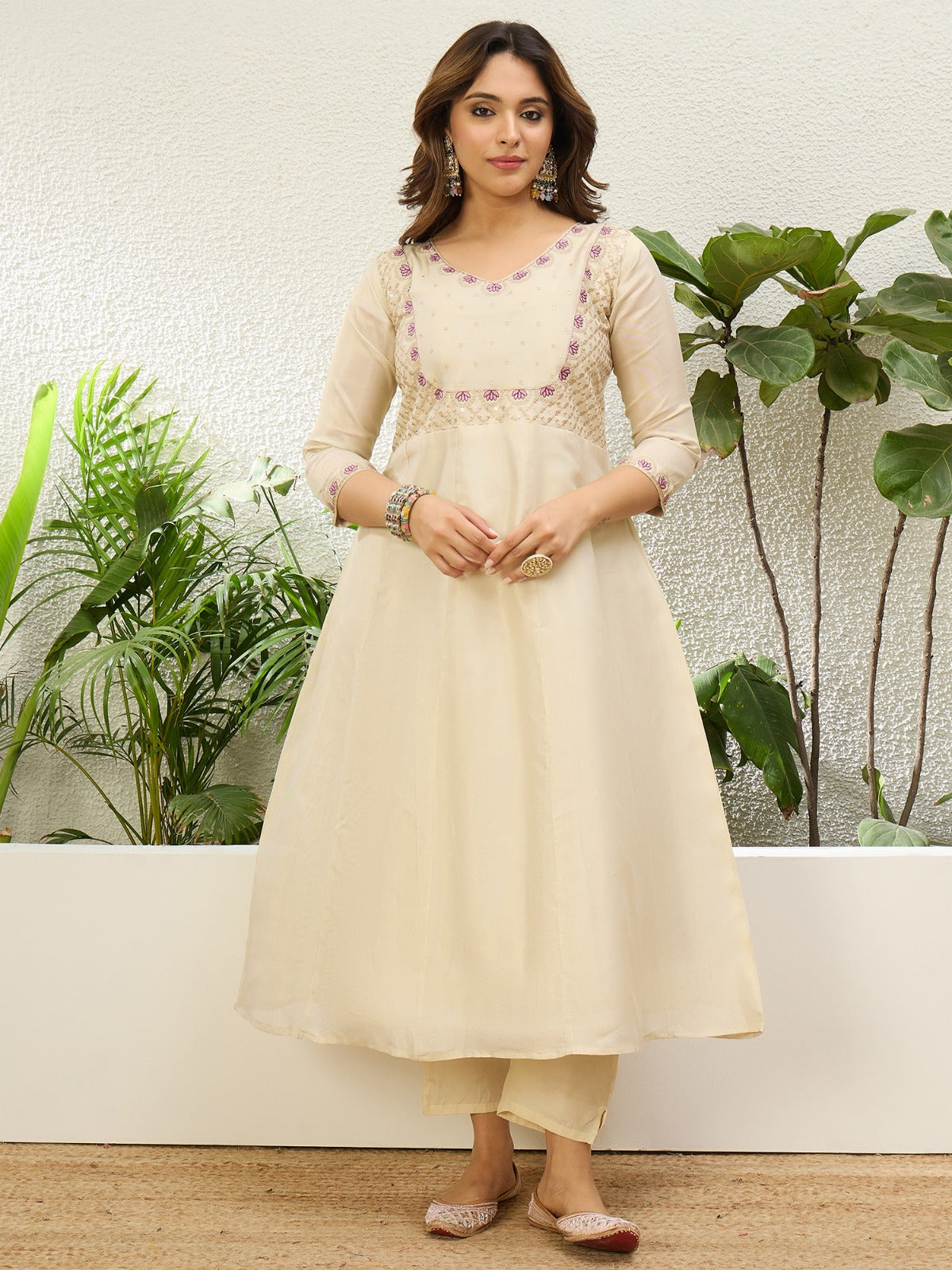Lovely Beige Silk Blend Suit with Contrasting Dupatta