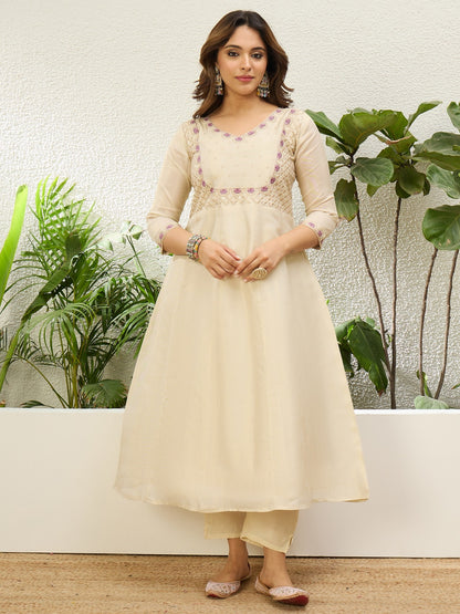 Lovely Beige Silk Blend Suit with Contrasting Dupatta