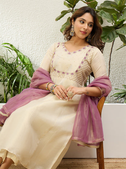 Lovely Beige Silk Blend Suit with Contrasting Dupatta