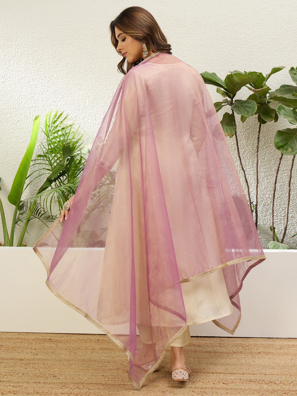 Lovely Beige Silk Blend Suit with Contrasting Dupatta