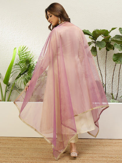 Lovely Beige Silk Blend Suit with Contrasting Dupatta