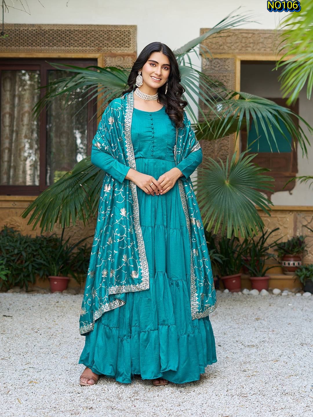 Beautiful Teal Blue Pure Vichitra Silk Tiered Gown with Embroidered Dupatta