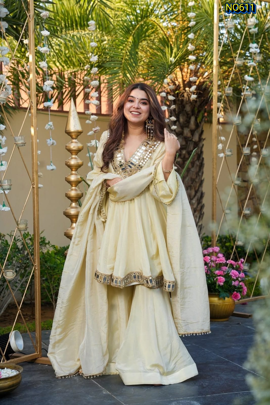 Radiant Cream Soft Chinon Peplum Top and Sharara Set with Mirror Work