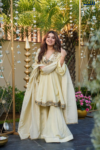 Radiant Cream Soft Chinon Peplum Top and Sharara Set with Mirror Work