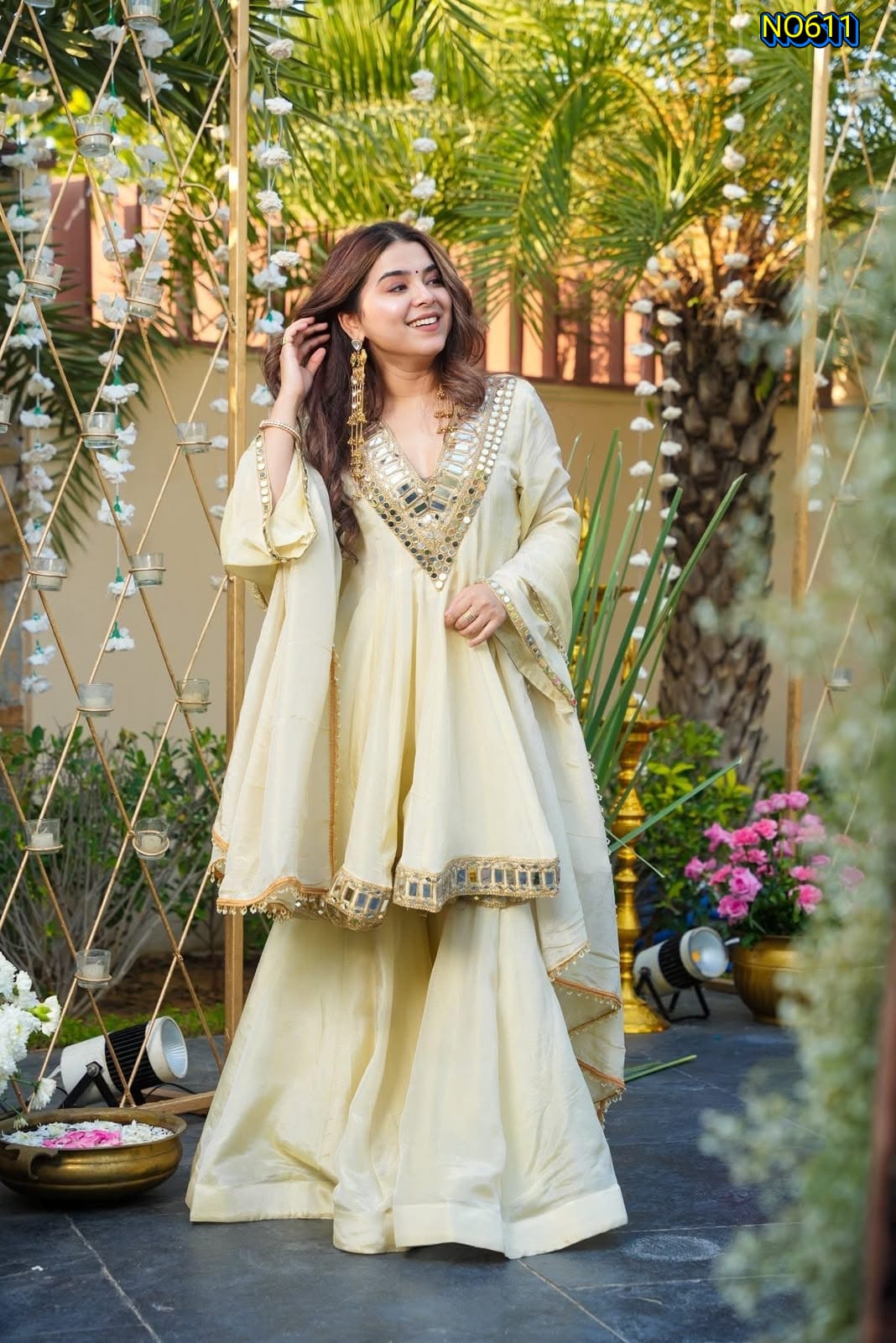 Radiant Cream Soft Chinon Peplum Top and Sharara Set with Mirror Work