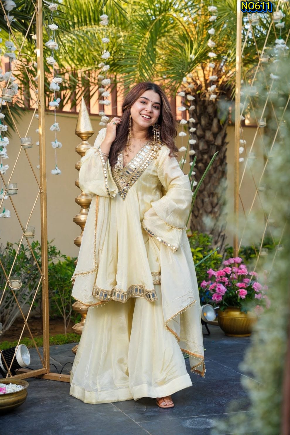 Radiant Cream Soft Chinon Peplum Top and Sharara Set with Mirror Work
